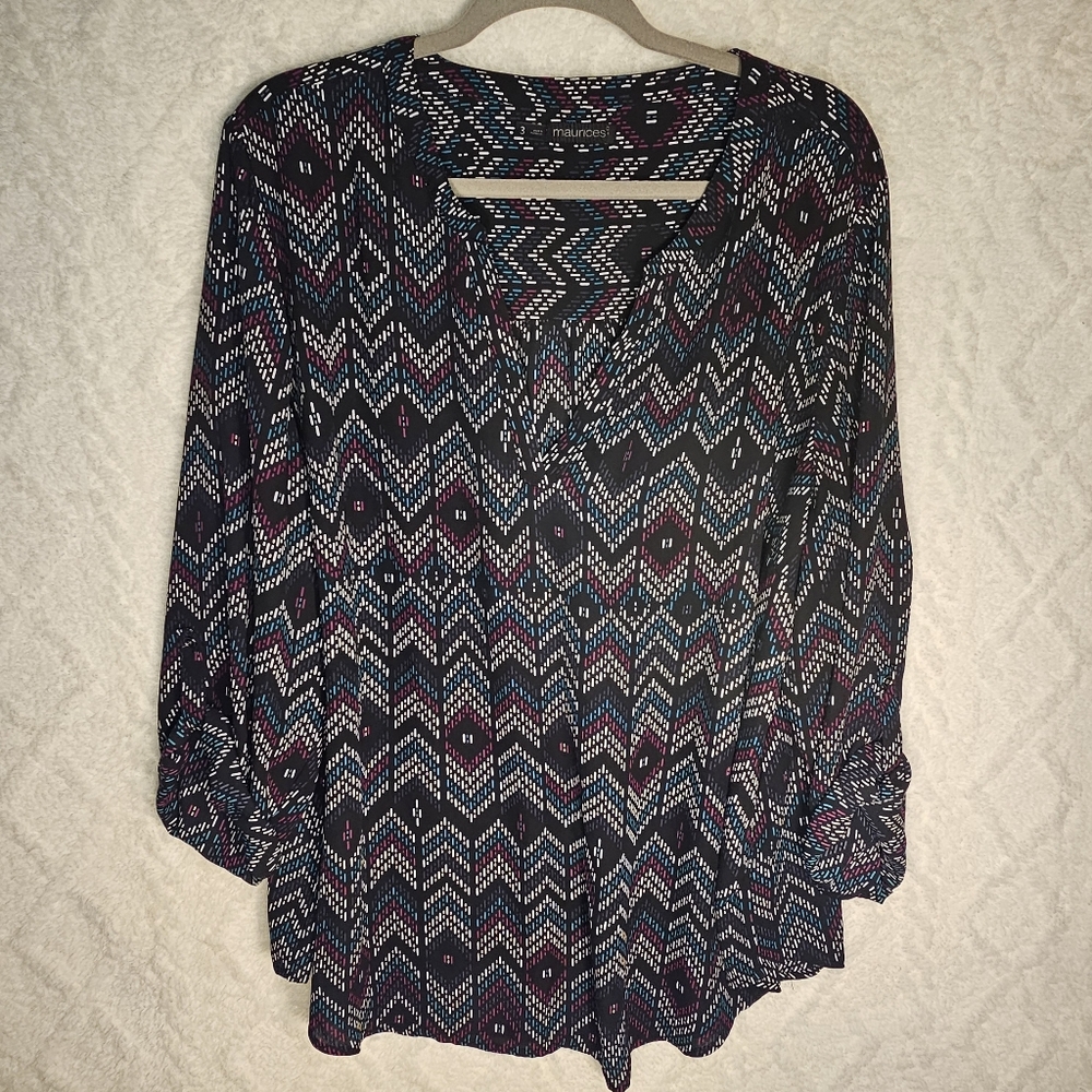 Maurices * Tunic Top * Womens Size 3xl * ¾ Sleeve * Black Teal Pink * Polyester
